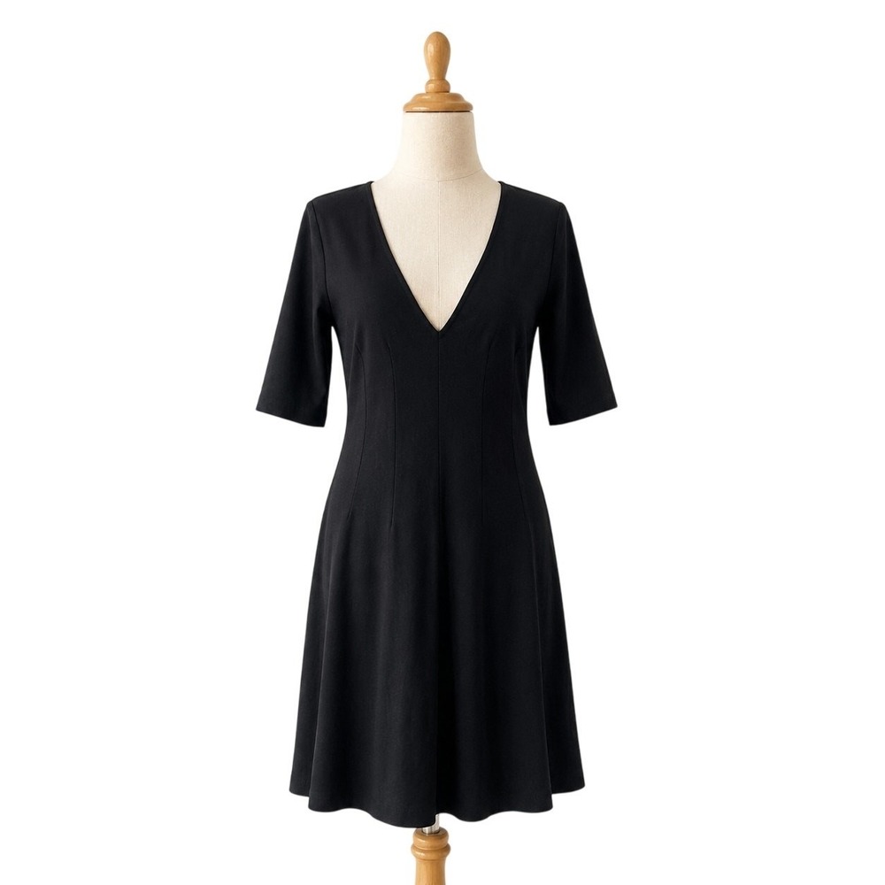 Eileen Fisher Black‎ V Neck Dress Medium Stretch Knit 3/4 Sleeve Midi USA LBD